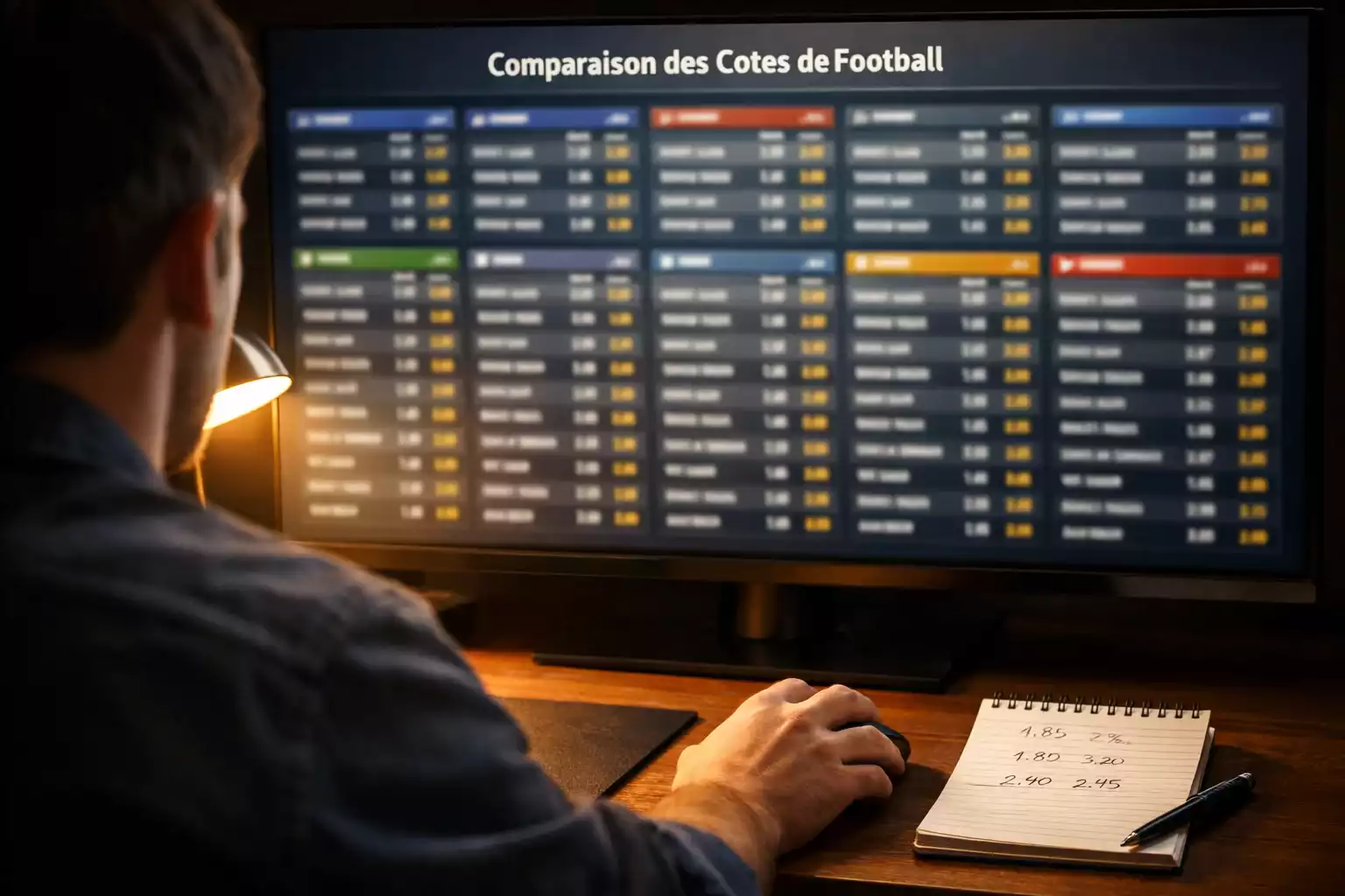 Parieur comparant plusieurs cotes de football affichées sur un écran d'ordinateur