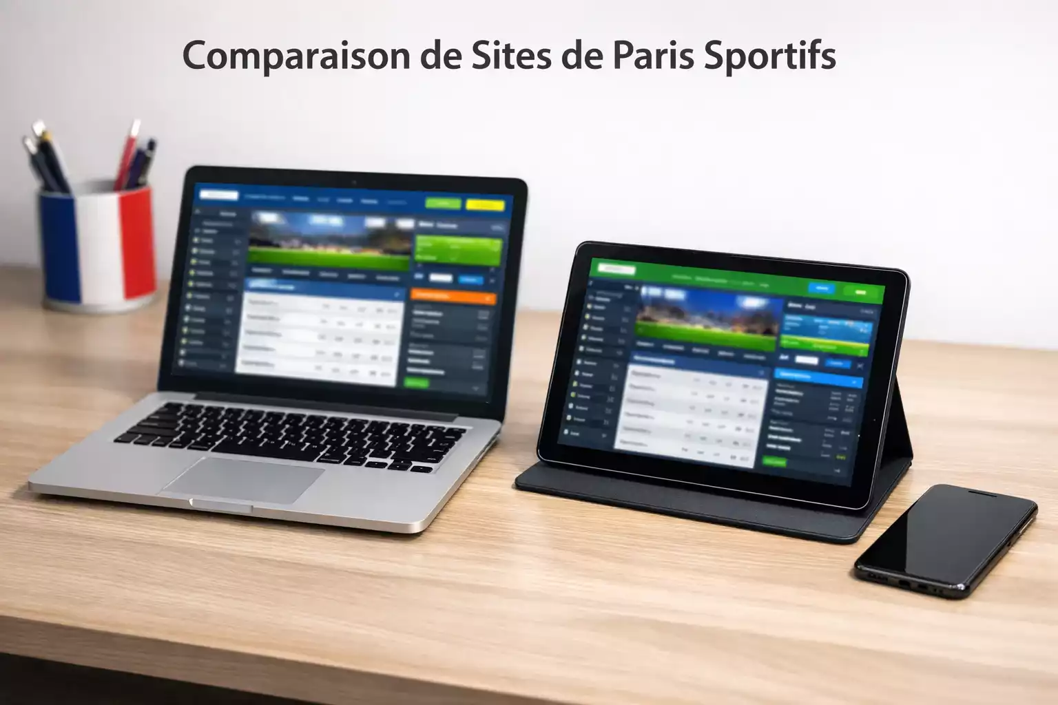 Écrans de paris sportifs affichés côte à côte sur un bureau de parieur organisé