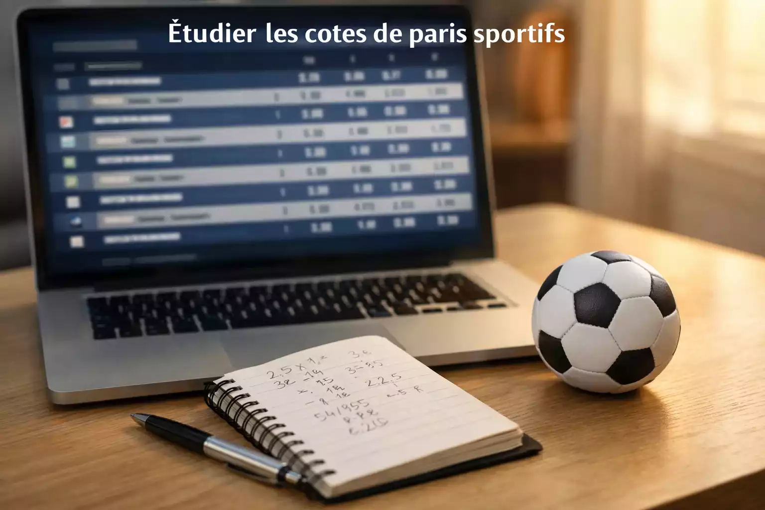 Écran affichant des cotes de paris sportifs football avec un carnet de notes à côté