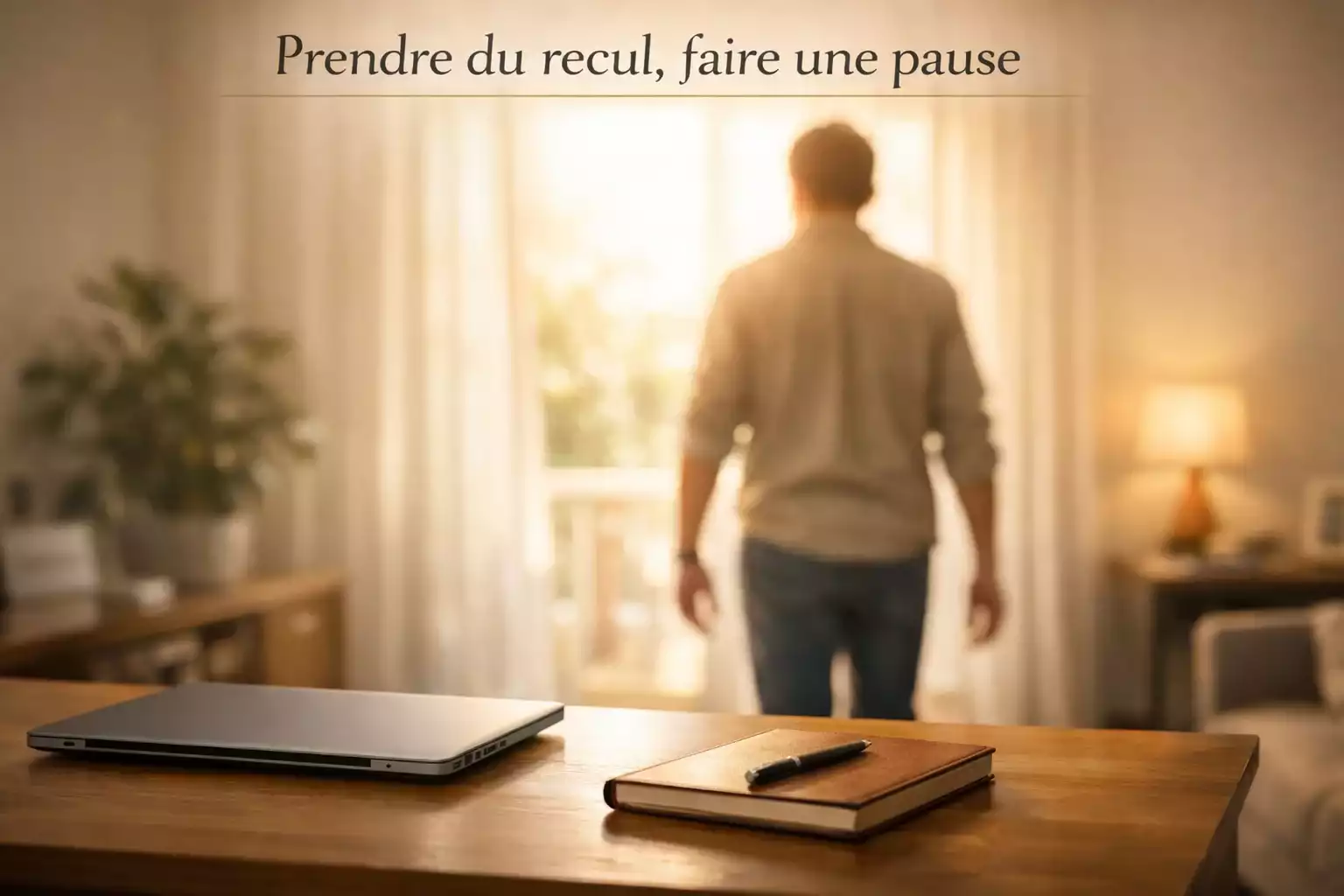 Personne s'éloignant d'un bureau pour faire une pause, vue de dos, lumière naturelle par la fenêtre