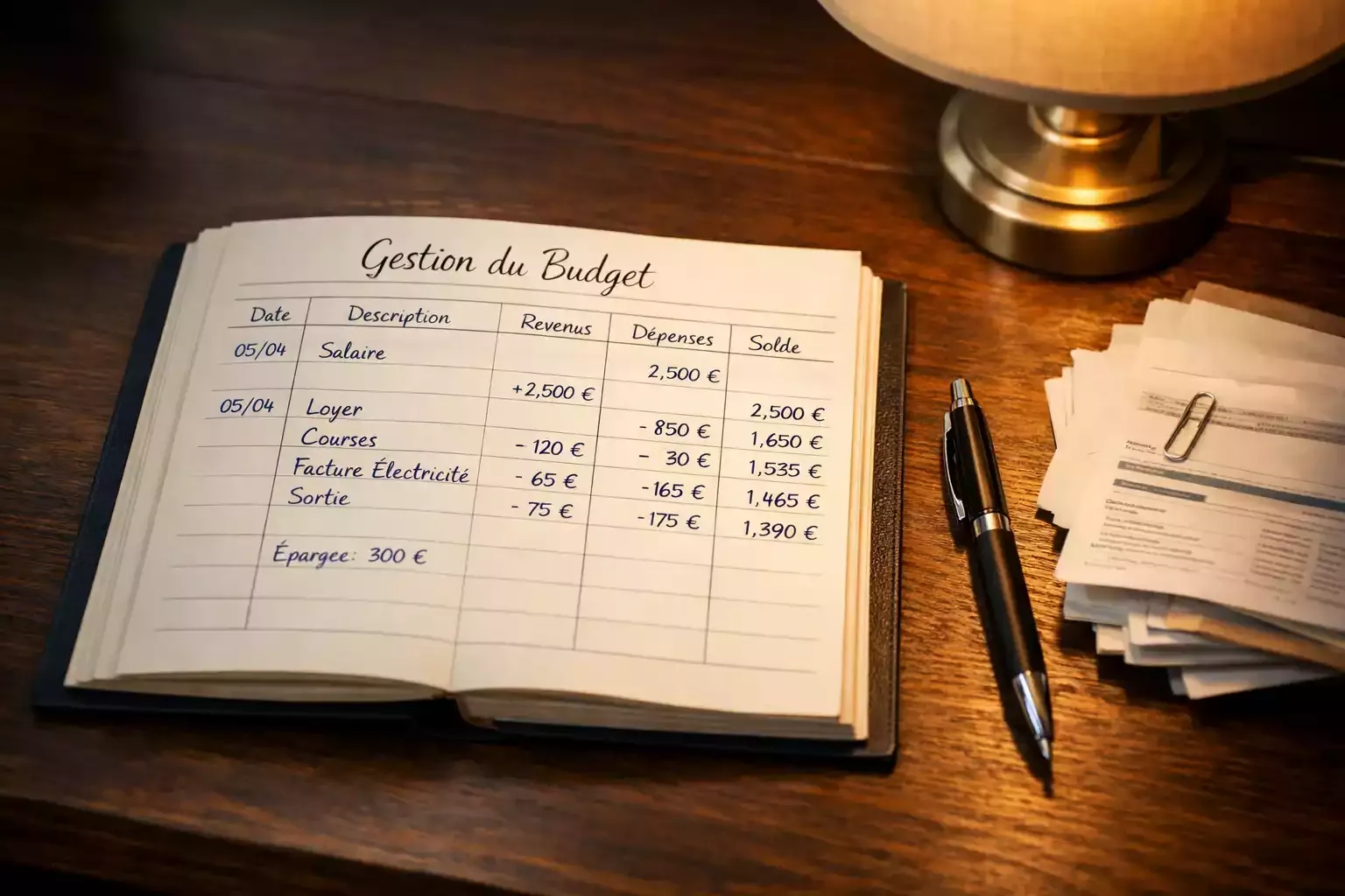 Carnet de gestion de budget ouvert sur un bureau avec un stylo et des annotations de suivi