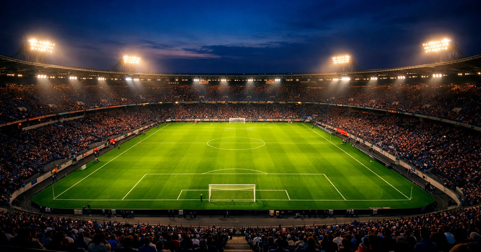 Stade de football vu des tribunes avec terrain éclairé