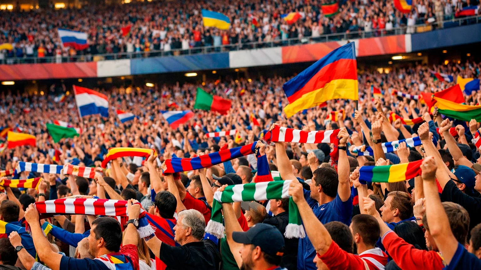 Tribune de stade remplie de supporters avec drapeaux