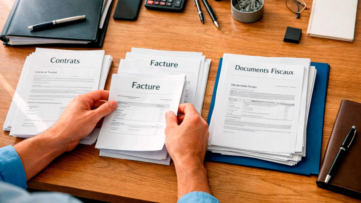 Personne organisant des documents financiers sur une table