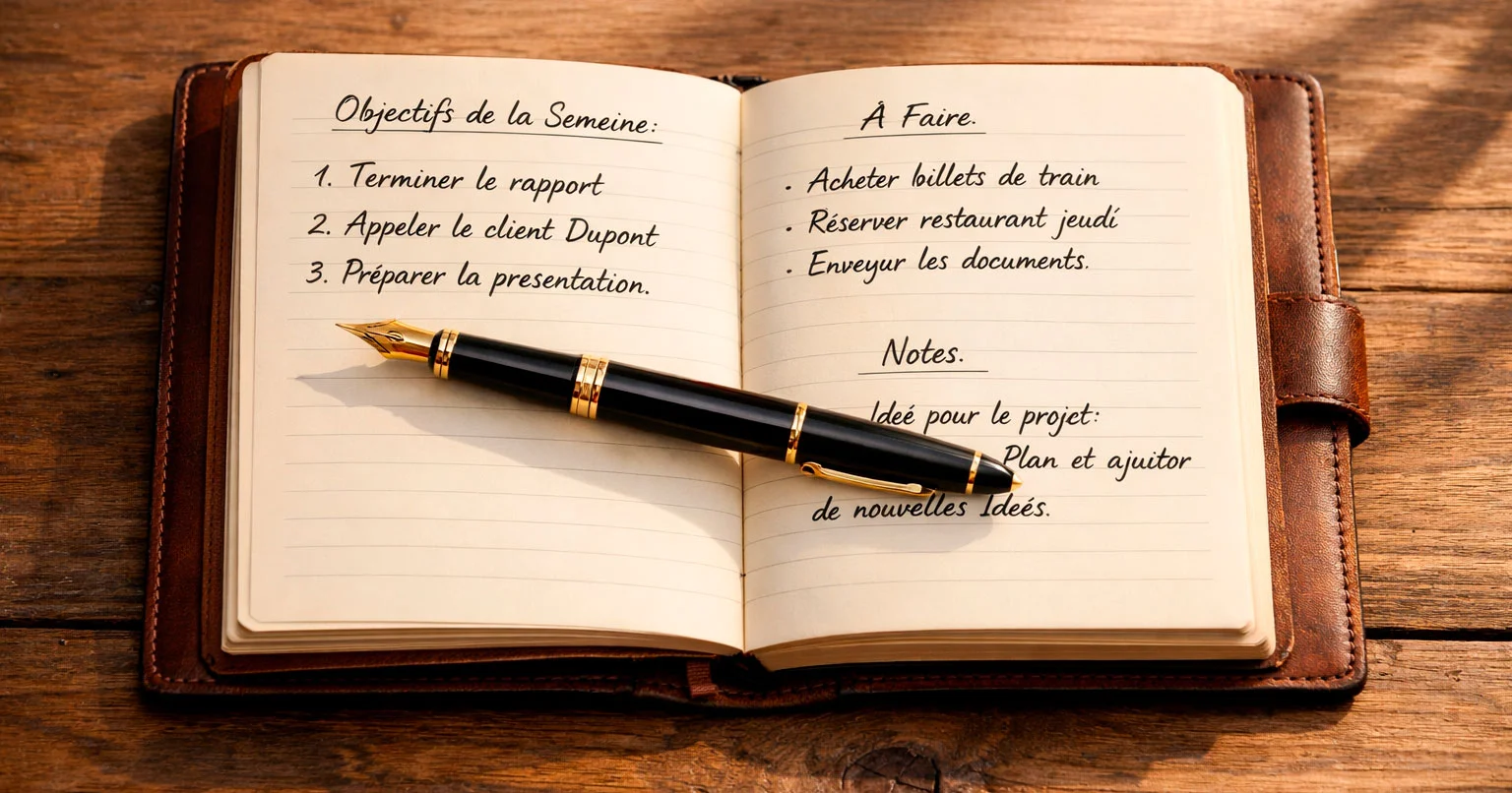 Carnet de notes ouvert avec stylo sur un bureau