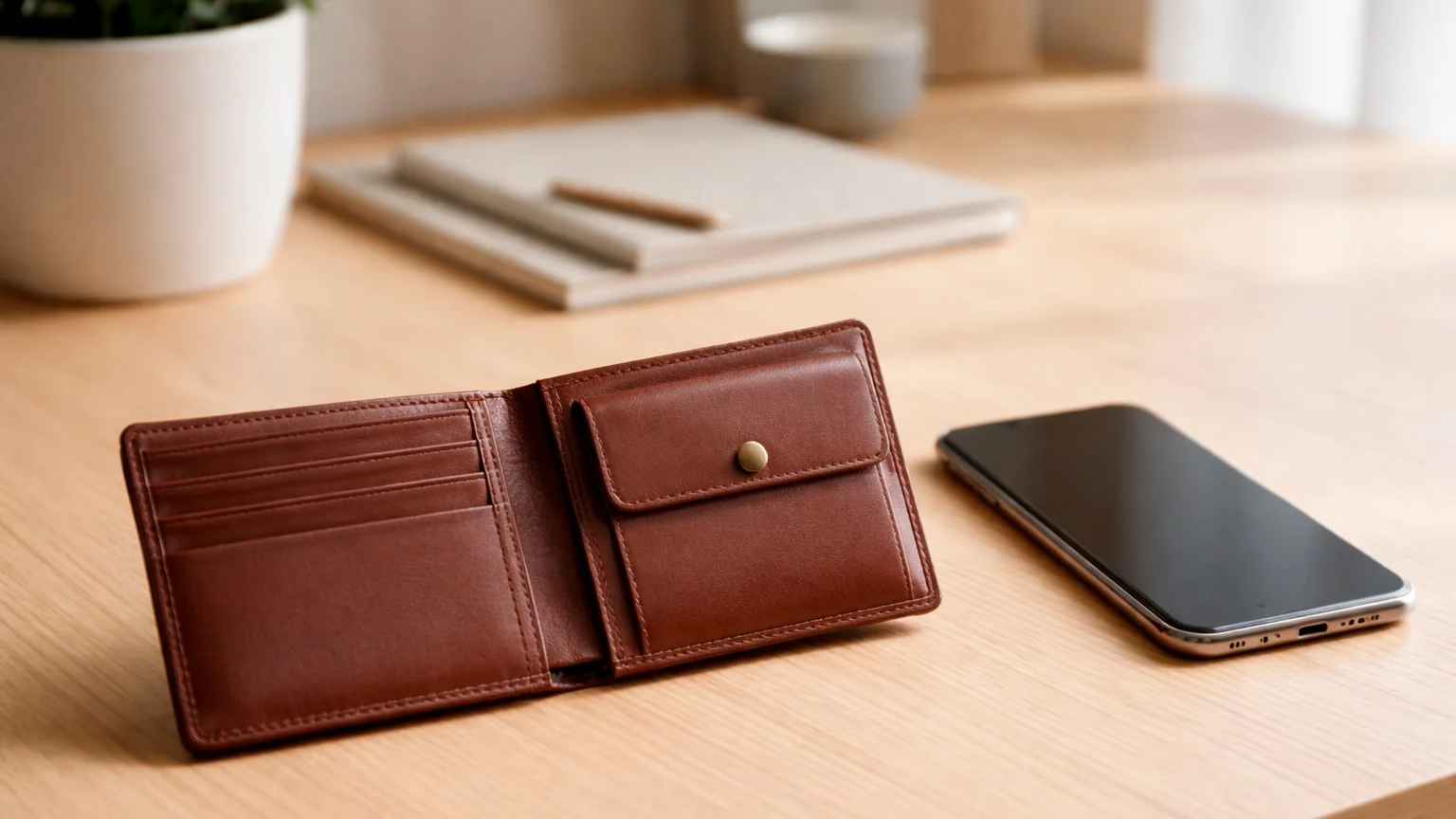 Portefeuille et téléphone portable sur un bureau