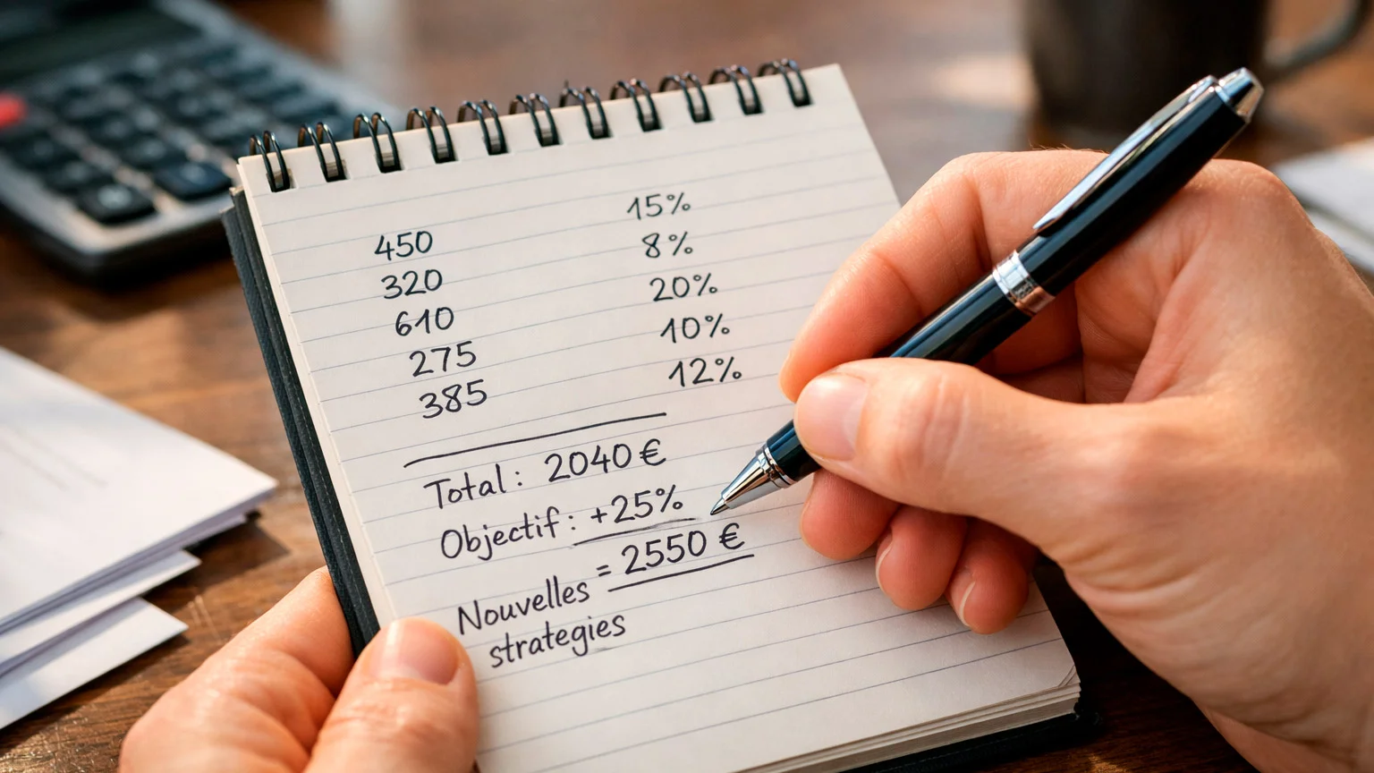 Main écrivant des chiffres dans un carnet de notes