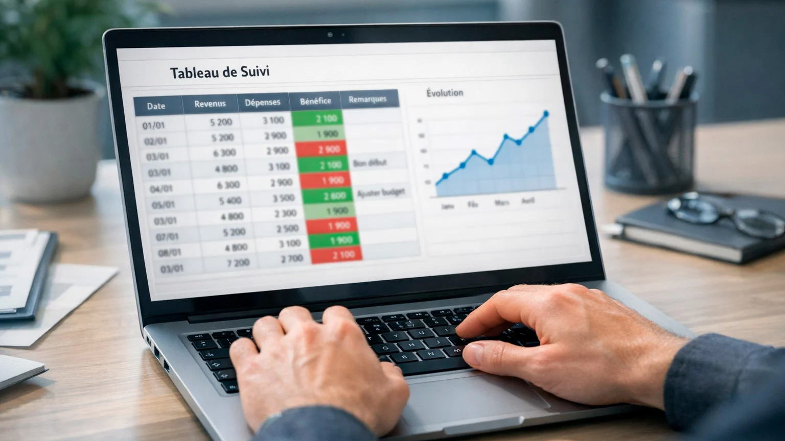 Écran d'ordinateur avec tableur et graphique de progression