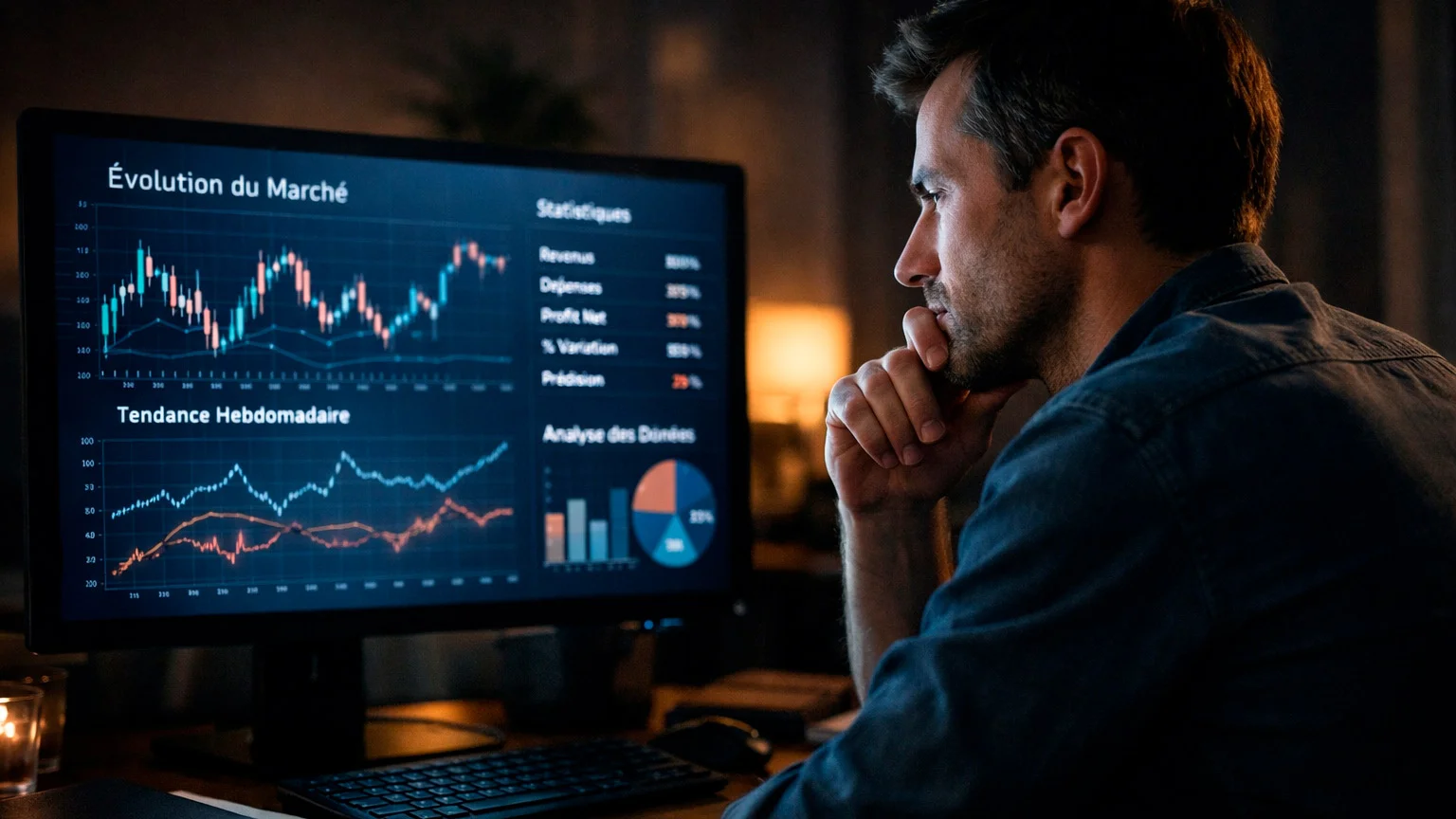 Personne réfléchissant devant un écran d'ordinateur