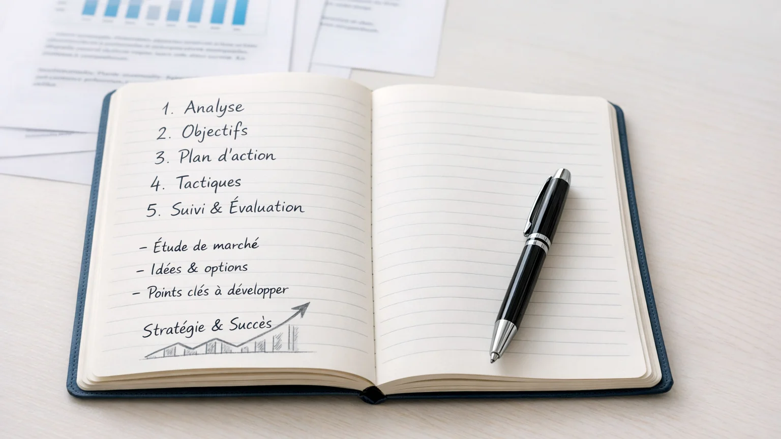 Carnet de notes avec liste de paris et stylo