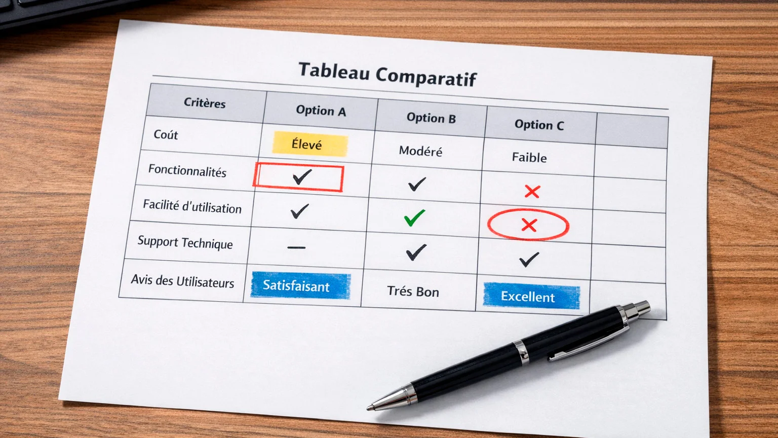 Document papier avec tableau comparatif et stylo