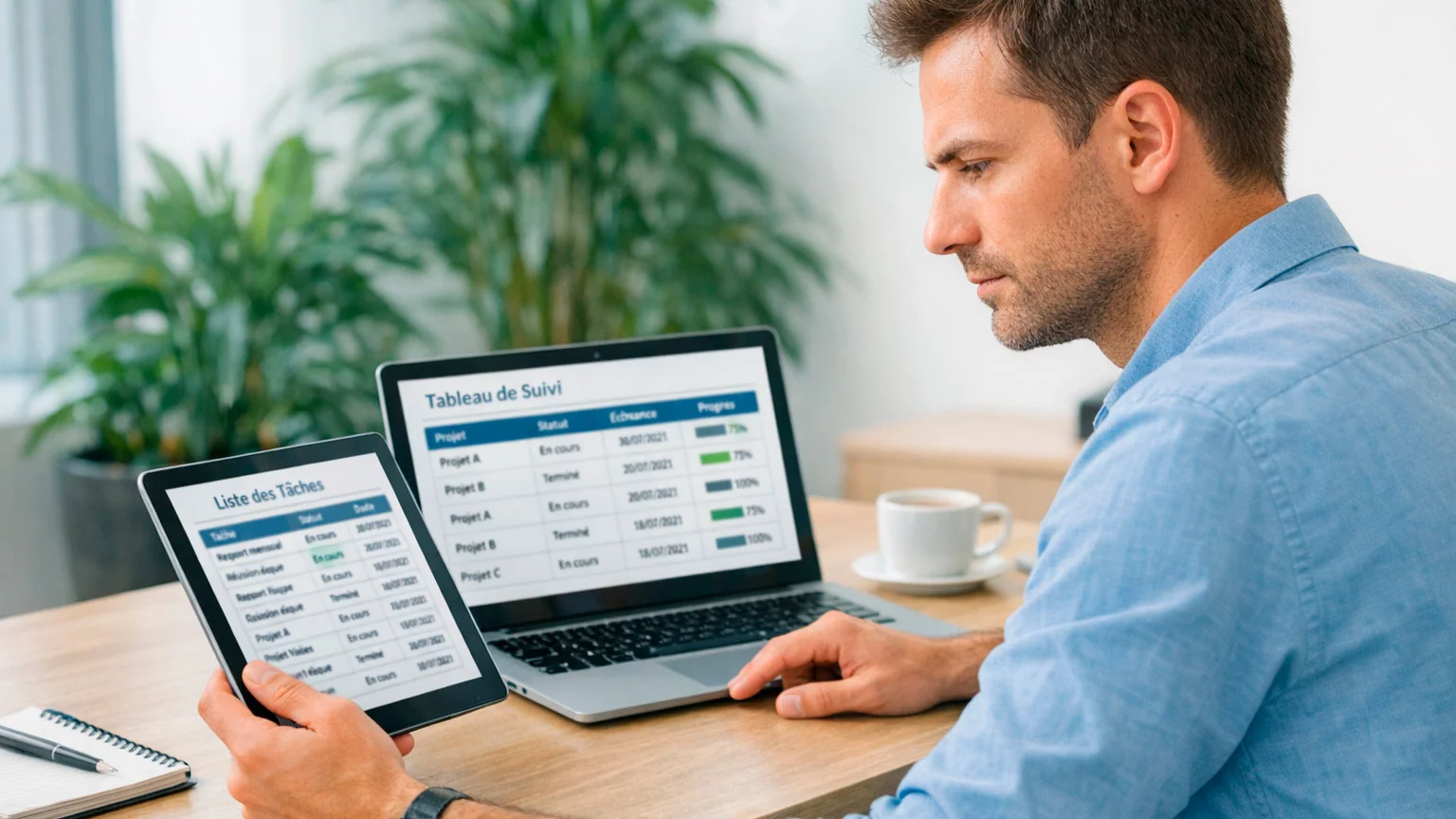 Personne comparant des informations sur tablette et ordinateur