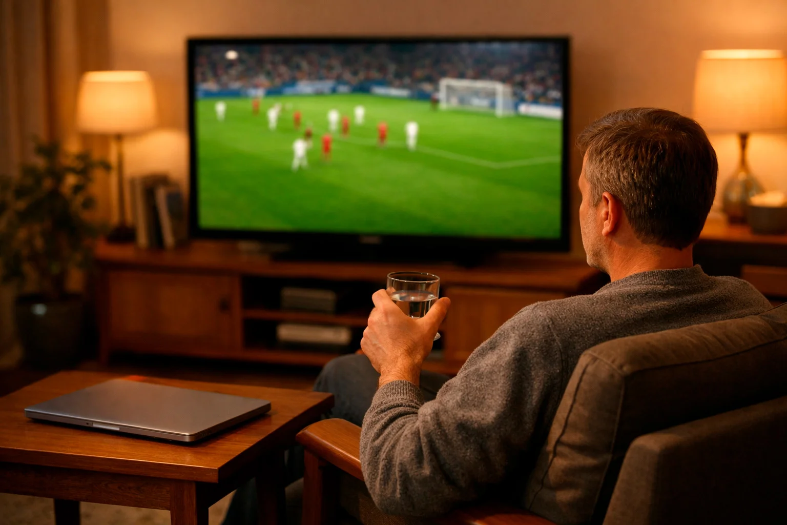 Supporter de football regardant un match sereinement avec modération