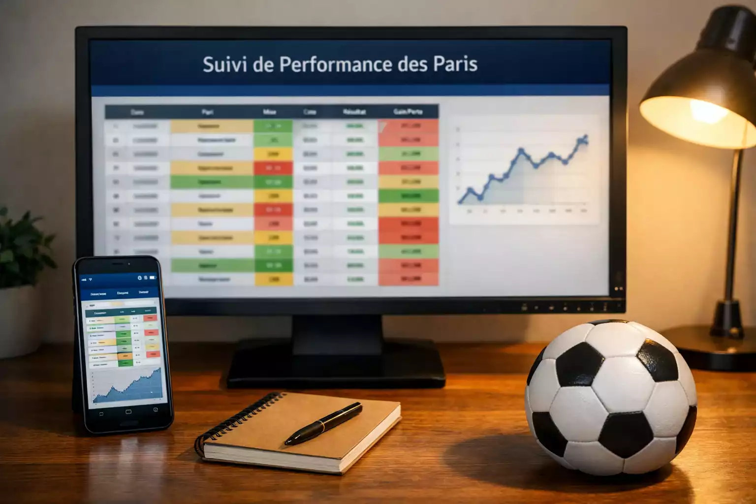 Écran d'ordinateur affichant un tableau de suivi de bankroll avec des colonnes de données sur un bureau organisé