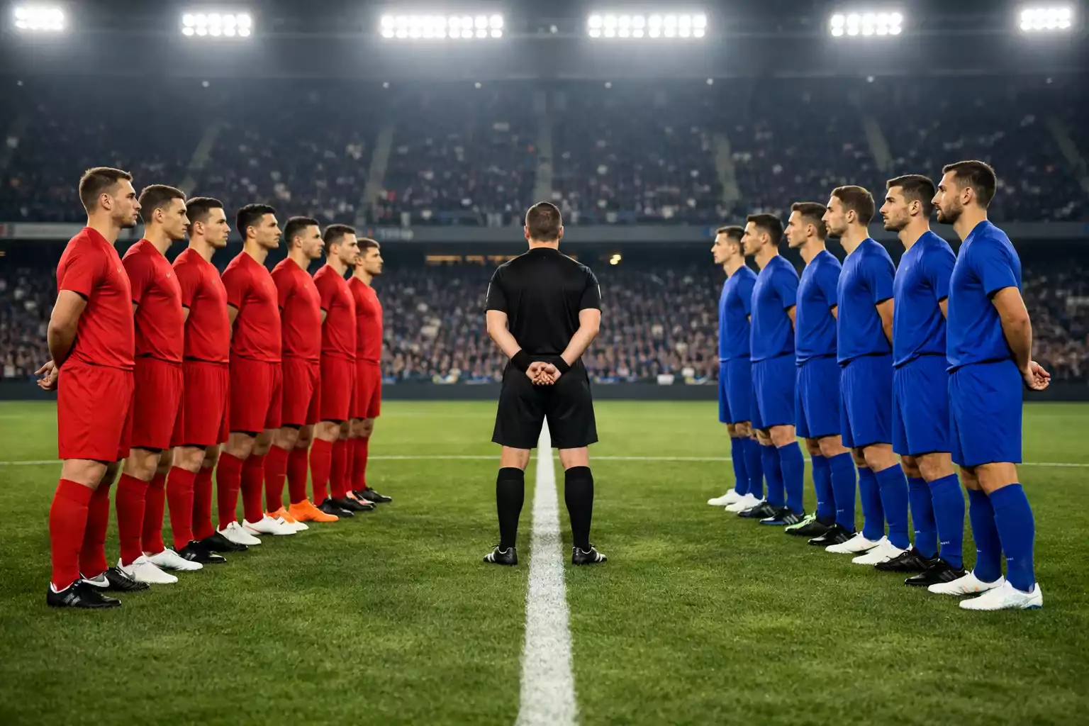 Deux équipes de football face à face sur un terrain de gazon naturel avant le coup d'envoi