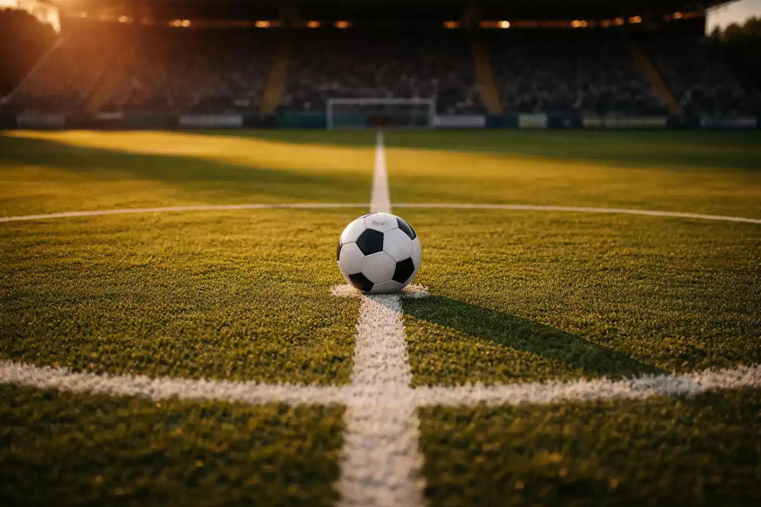 Ballon de football posé sur la pelouse d'un stade vide avant un match