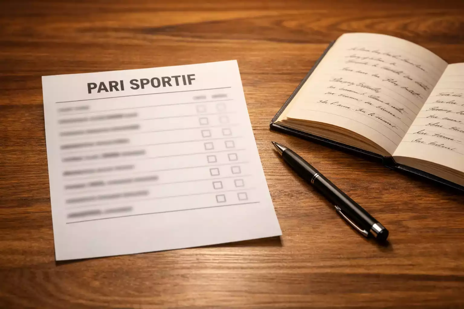 Coupon de pari sportif posé sur une table à côté d'un stylo et d'un cahier de notes