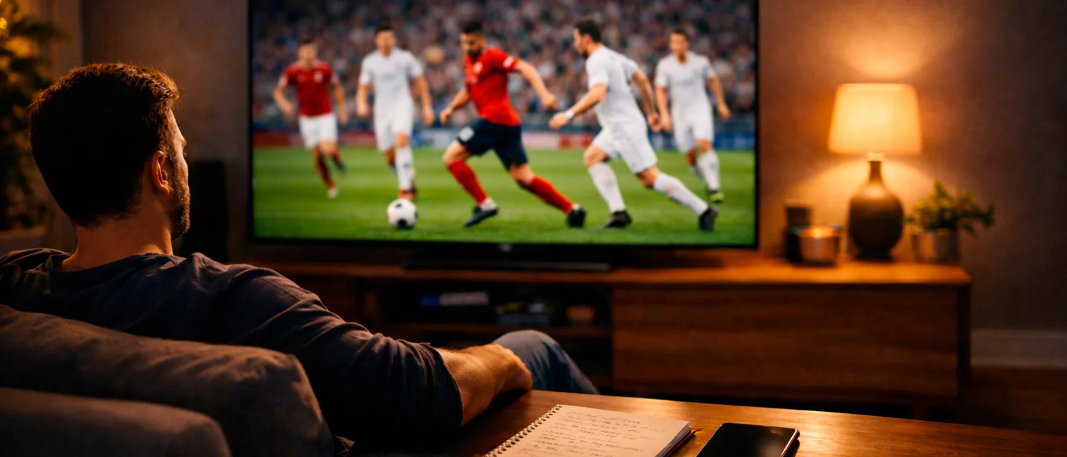 Analyse de pronostics football sur écran avec terrain de football en arrière-plan