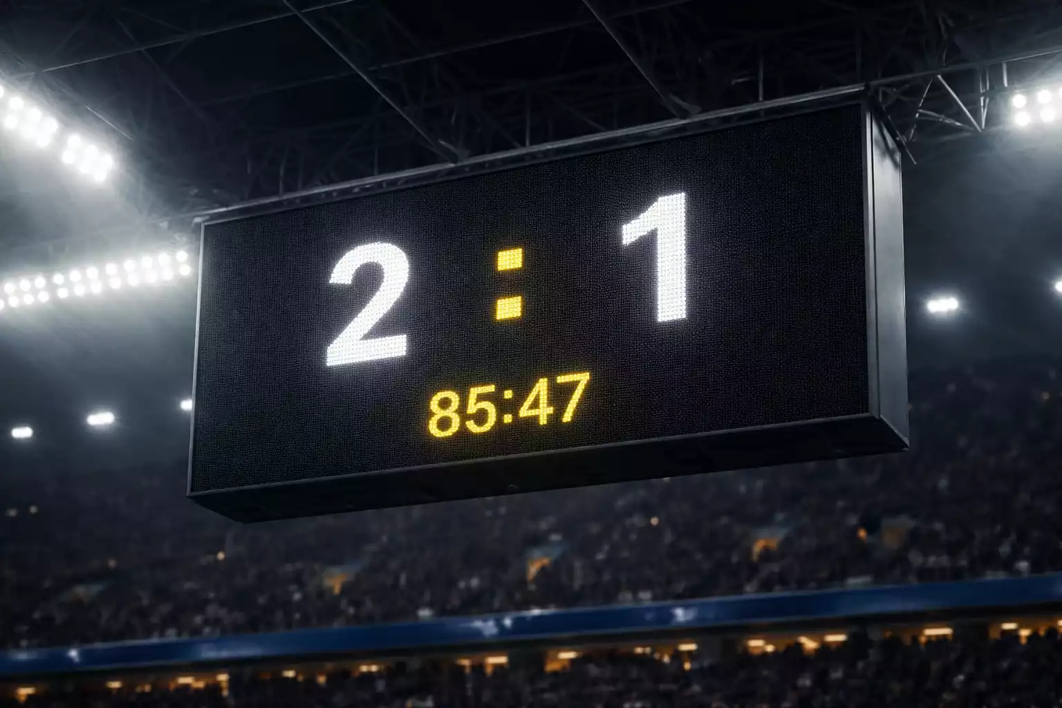 Panneau d'affichage de score dans un stade de football montrant un résultat serré