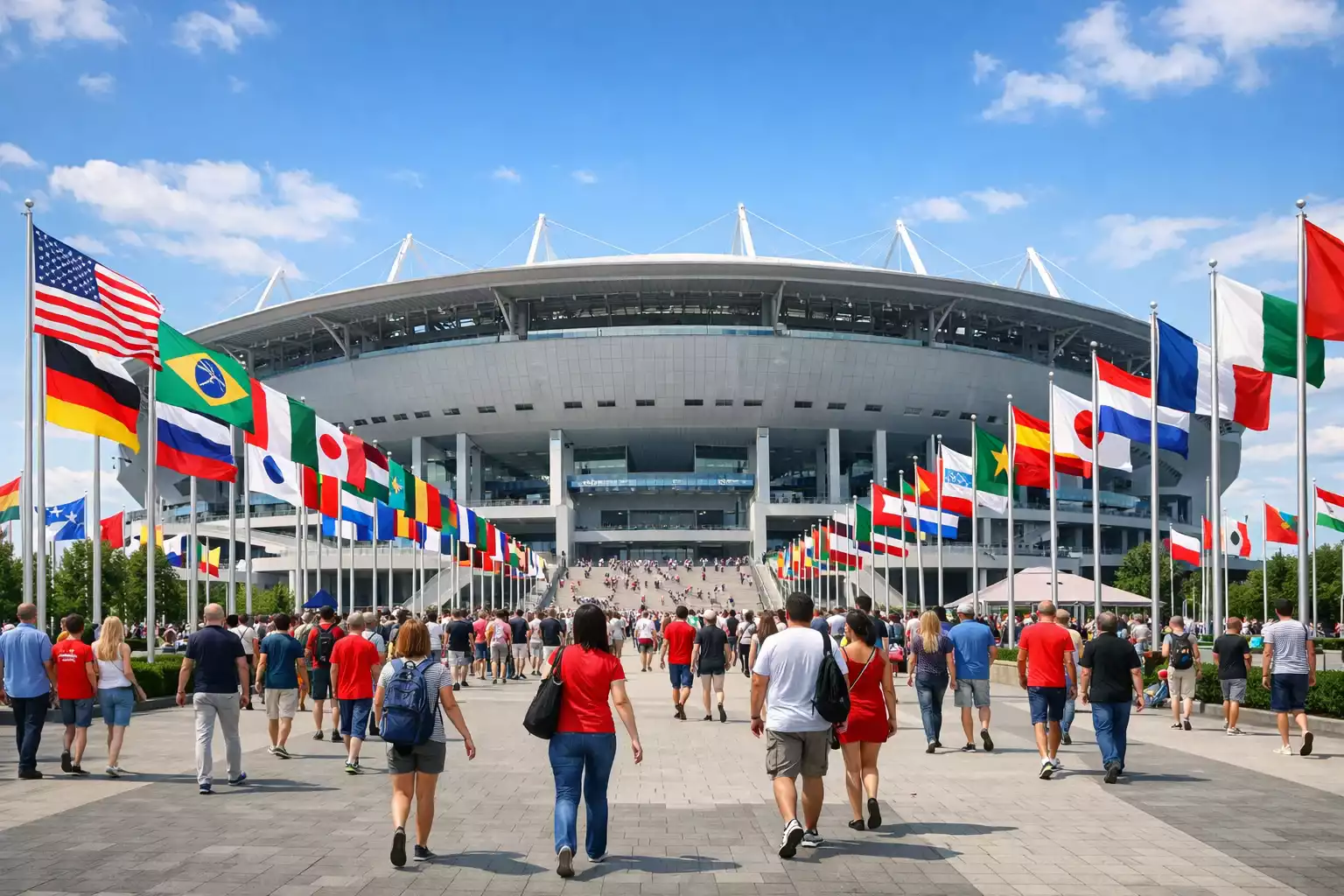 Grand stade de football international vu de l'extérieur avec des drapeaux de différentes nations