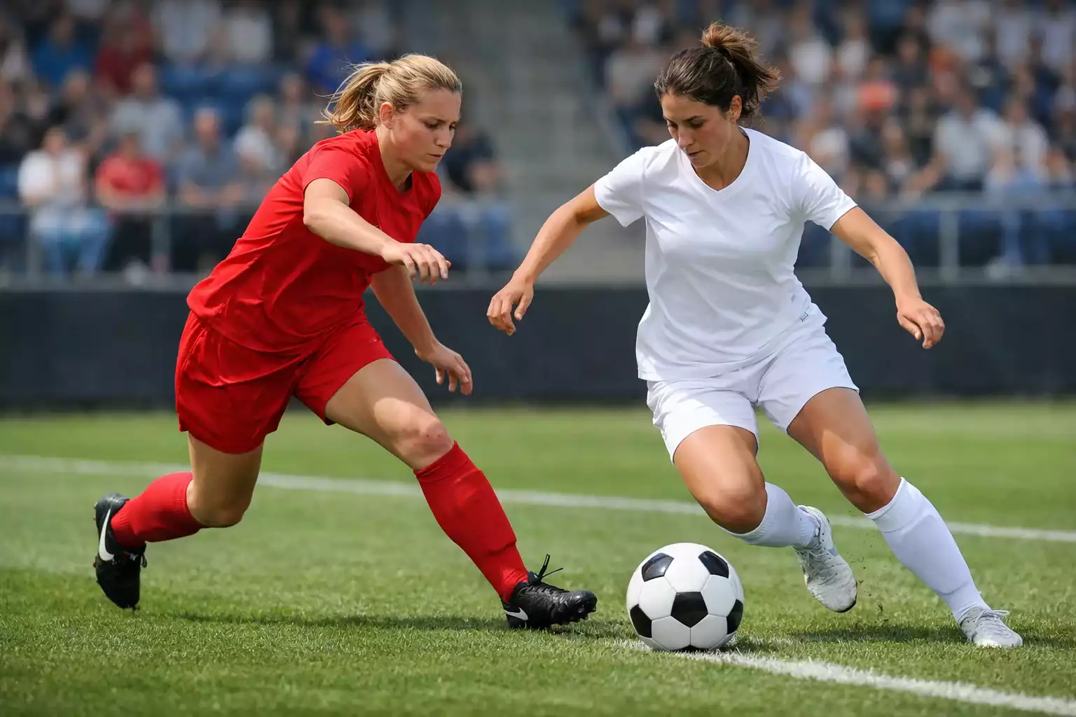 Joueuses de football féminin en action sur un terrain de gazon naturel lors d'un match officiel