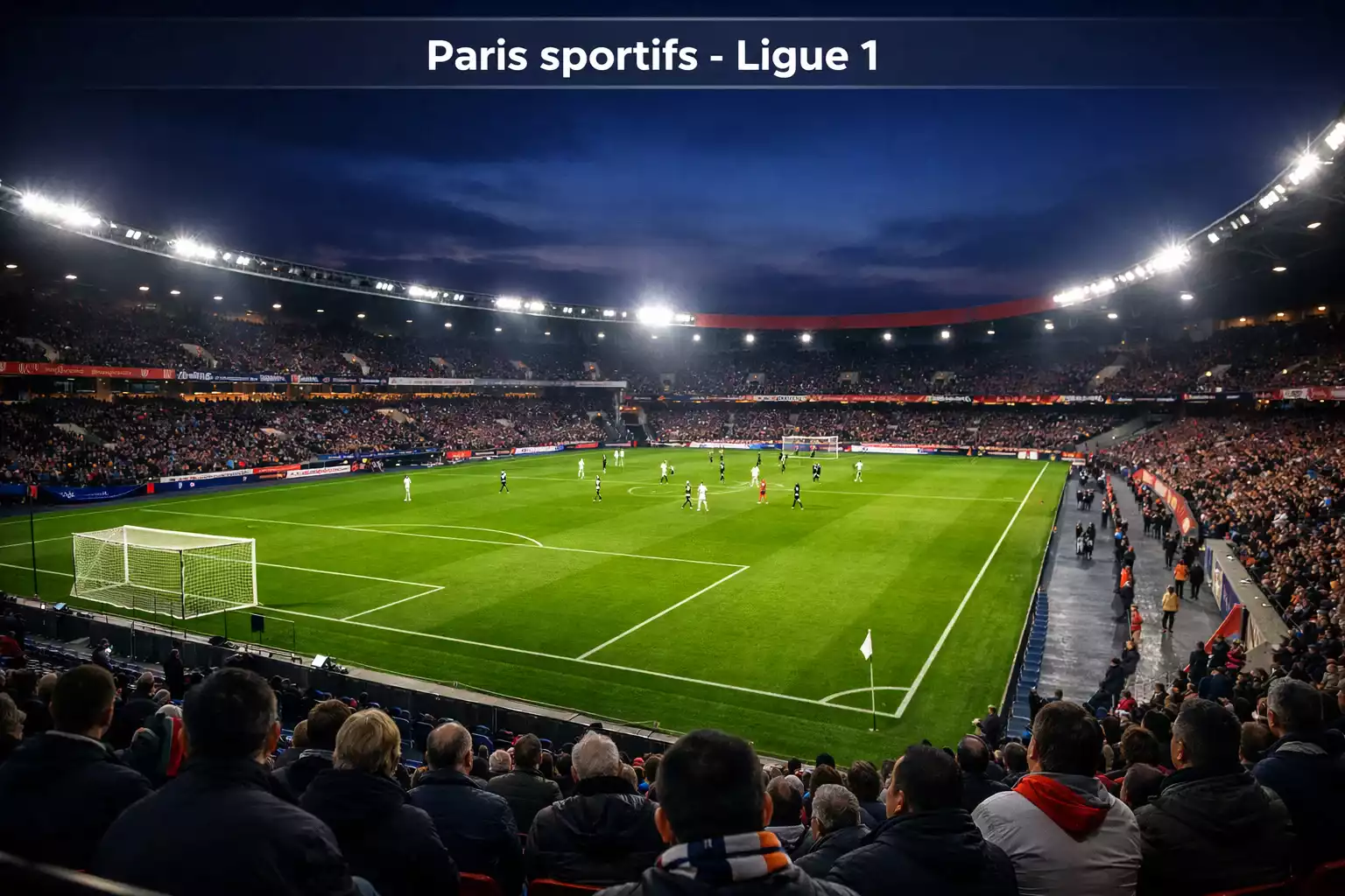 Stade de football français vu depuis les tribunes avec la pelouse éclairée en soirée