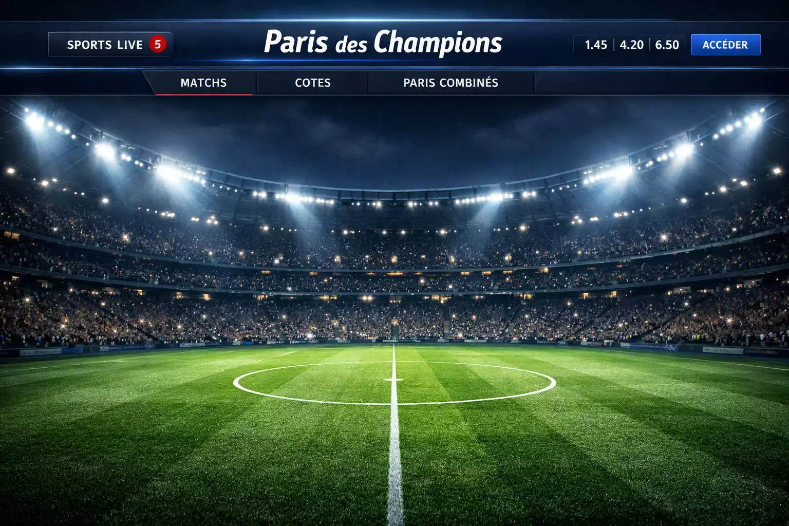 Terrain de football européen éclairé par des projecteurs puissants lors d'un match de soirée