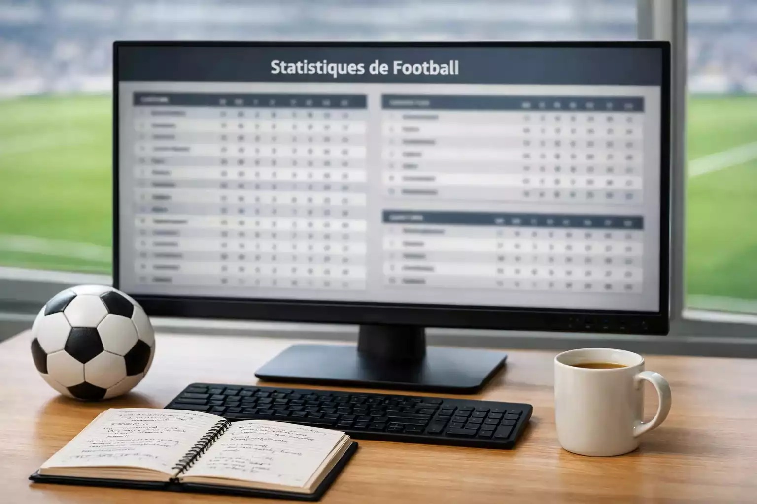 Écran d'ordinateur affichant des tableaux de statistiques football avec un terrain en arrière-plan