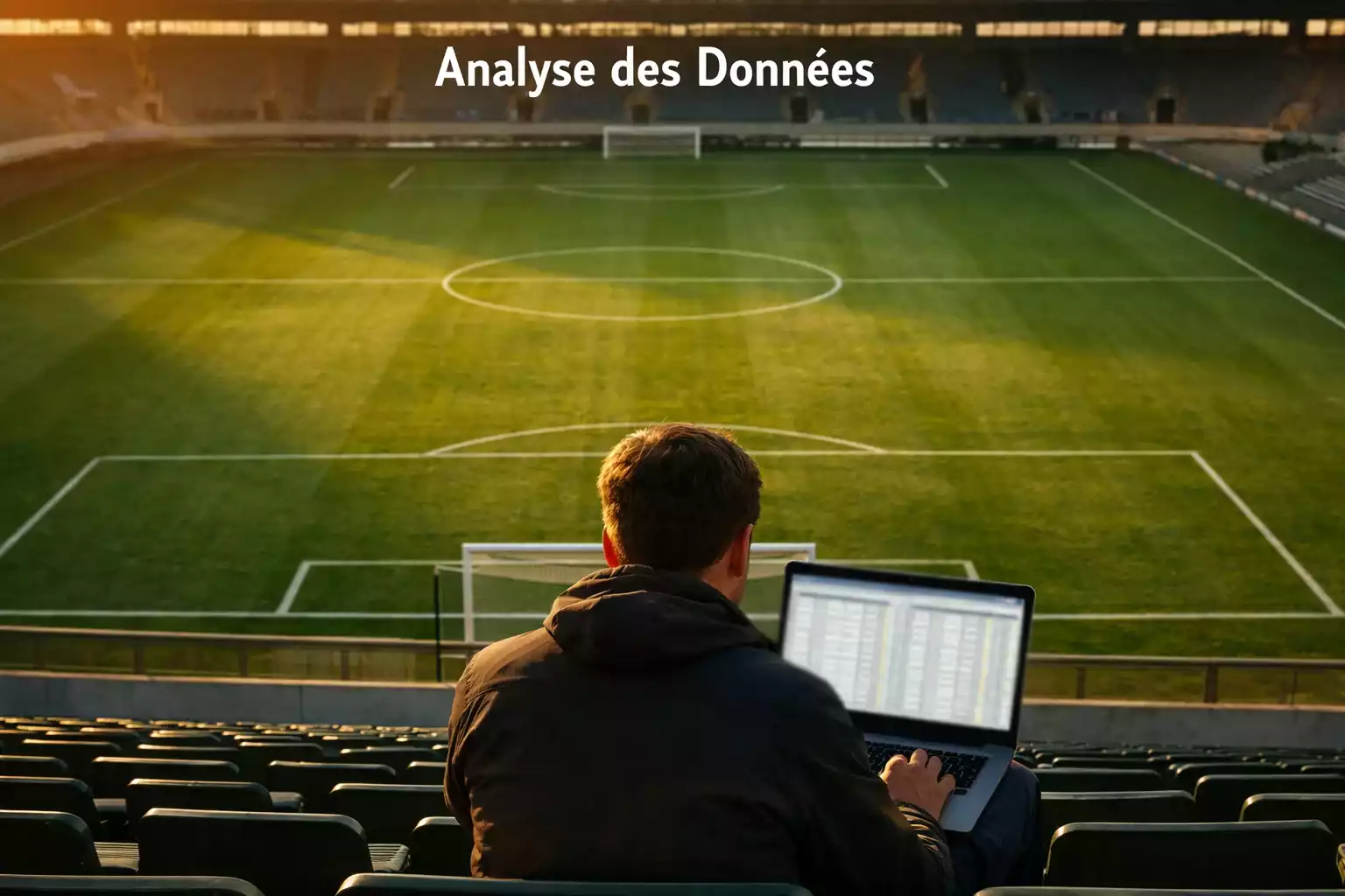 Terrain de football vu de haut avec un analyste étudiant des données sur un ordinateur portable