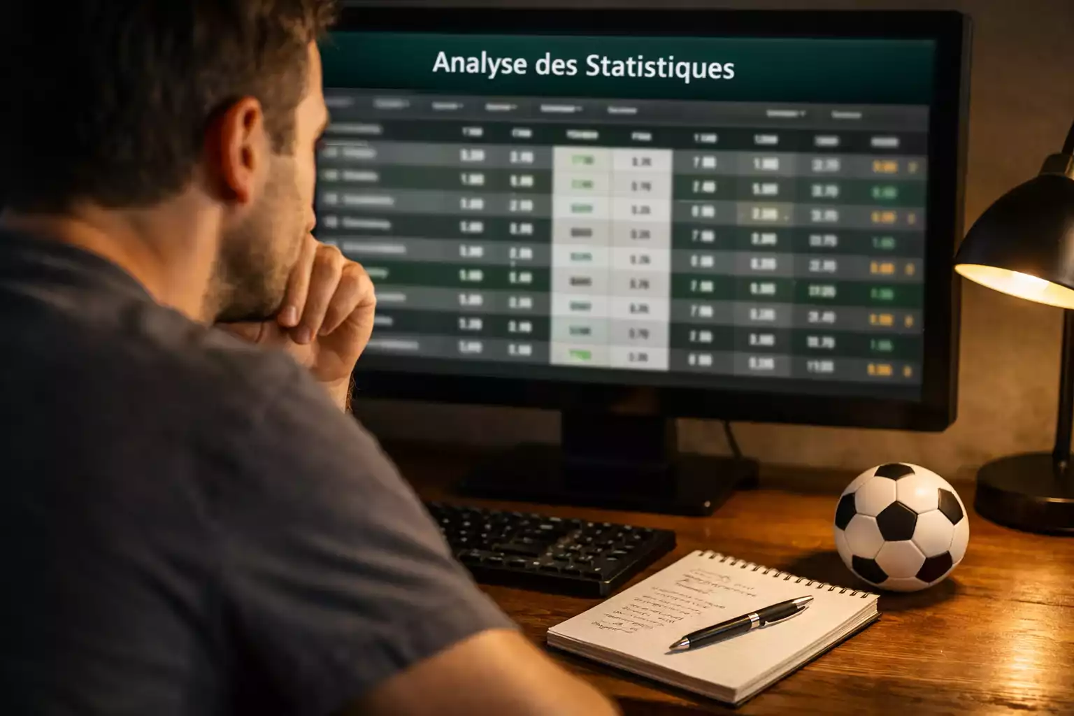 Personne analysant des statistiques de football sur un écran d'ordinateur dans un bureau