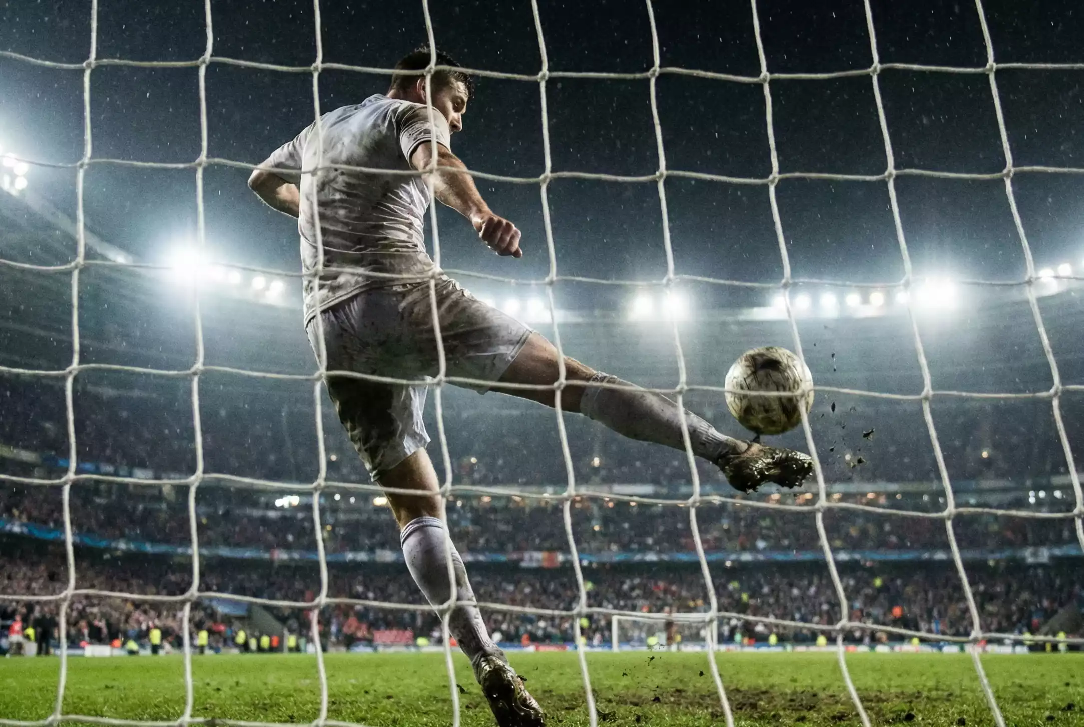 Joueur de football tirant au but sur un terrain de gazon naturel vu depuis derrière le but